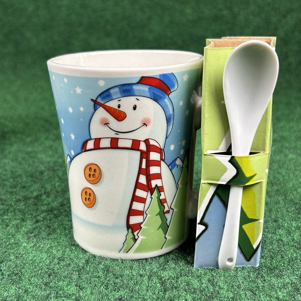 NEW Happy Holiday Snowman Mug Cocoa Coffee Tea Cup Spoon Christmas Holidays Snow - Picture 8 of 11